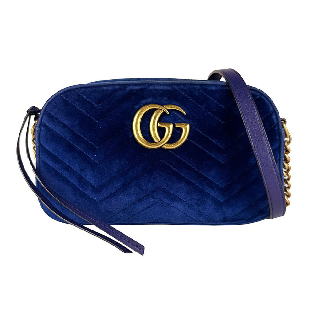 Gucci GG Marmont velvet cross-body shoulder bag, dark blue and gold, women's,...